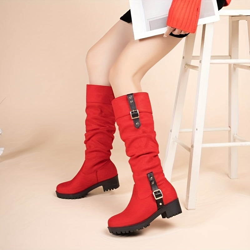 Chic Womens Slouchy Knee High Boots - Solid Color Round Toe with Buckle Strap - Pull-On Comfortable Chunky Heeled Long Boots