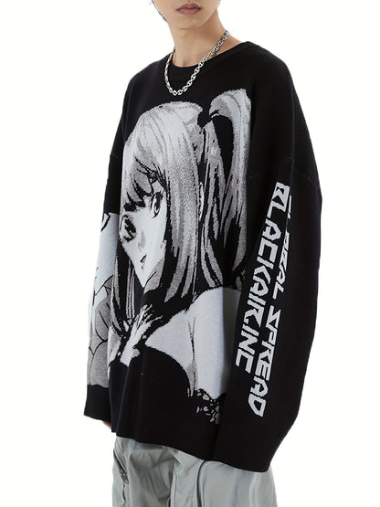 Womens Charming Anime Graphic Sweater - Soft Knit Long Sleeve Crew Neck - Bold Letter Print Pullover - Trendy Casual Fashion for Everyday Wear