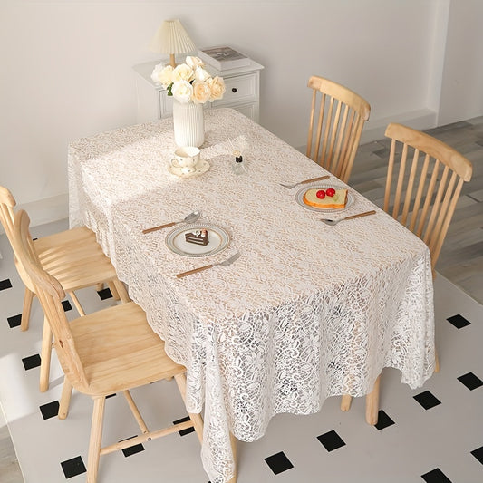 1pc Exquisite Shabby Chic White Floral Lace Tablecloth - Elegant Dining Tablecloths with Handmade Knitted Crocheted Design, Vintage-Inspired Table Topper for Special Occasions and Everyday Use