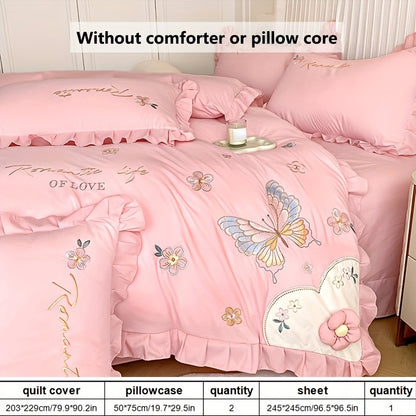 4pcs Soft Skin-Friendly Duvet Cover Set, Love Floral & Butterfly Embroidery With Large Ruffle Princess Style, Includes 1 Duvet Cover, 2 Pillowcases, 1 Flat Sheet, Breathable And Sweat-Wicking, Romantic Aesthetic Design, Comforter Not Included