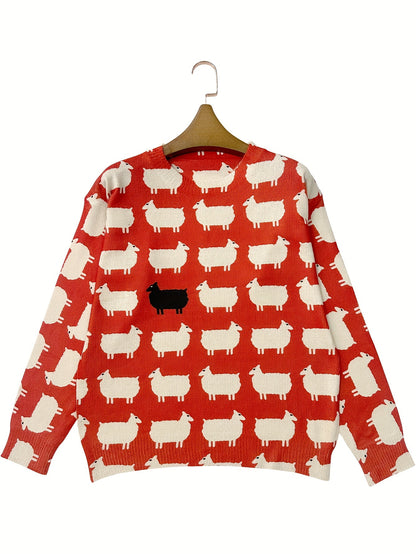 3D Sheep Pattern Crew Neck Pullover Sweater - Soft Slight Stretch Polyester Knit Fabric, Casual Long Sleeve, Regular Fit, Hand Wash or Dry Clean, All Season Wear - Womens Clothing for Fall & Winter