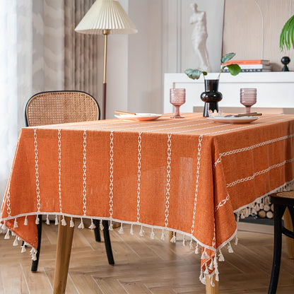 1pc Vibrant Orange Embroidered Stripe Rectangular Tablecloth - Cotton Blend Kitchen & Dining Table Linens with Pastoral Design for Room Decor and Dining Table Decoration