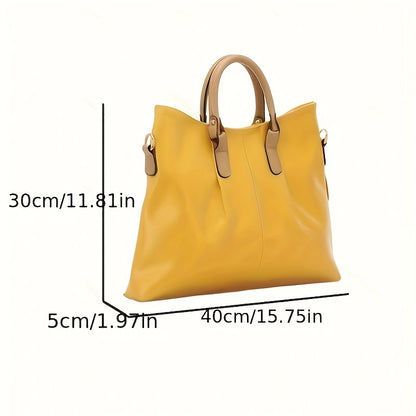 Chic Women's Genuine Faux Leather Tote Bag - Spacious & Stylish, Detachable Shoulder Strap, Zip Closure, Solid Color