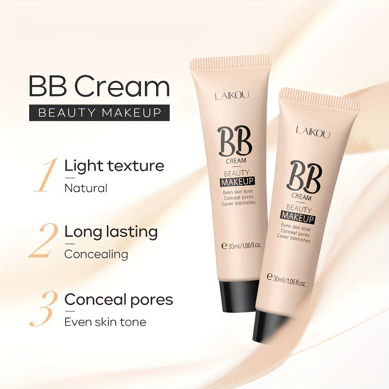 30ml LAIKOU Ultimate Coverage Waterproof BB Cream - Long-Lasting, Oil-Control, Pore-Hiding Foundation Makeup for Flawless, Even-Toned Skin with Natural, Ivory, and Tan Shades