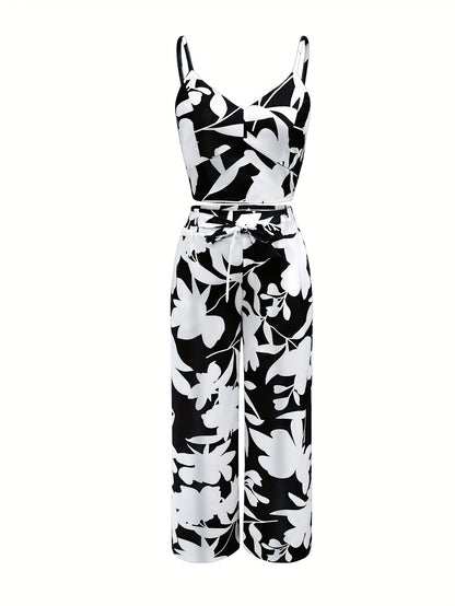 Vibrant Leaf Print Wide Leg Pantsuit - Elegant V Neck Backless Crop Cami Top & High Waist Tie Pants Outfit - Polyester, Machine Washable, Spring/Summer, Tropical Pattern, Woven Fabric