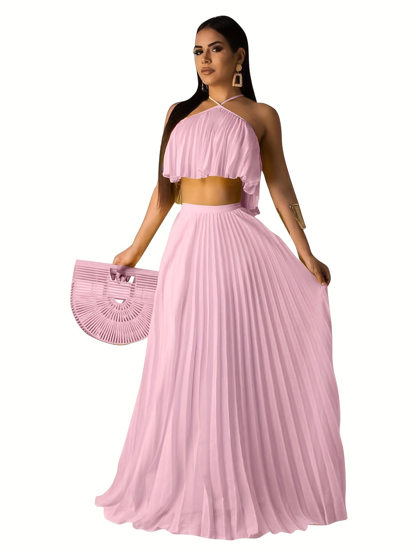 Solid Pleated Two-piece Set, Sleeveless Cropped Cami Top & High Waist Maxi Skirts Outfits, Women's Clothing