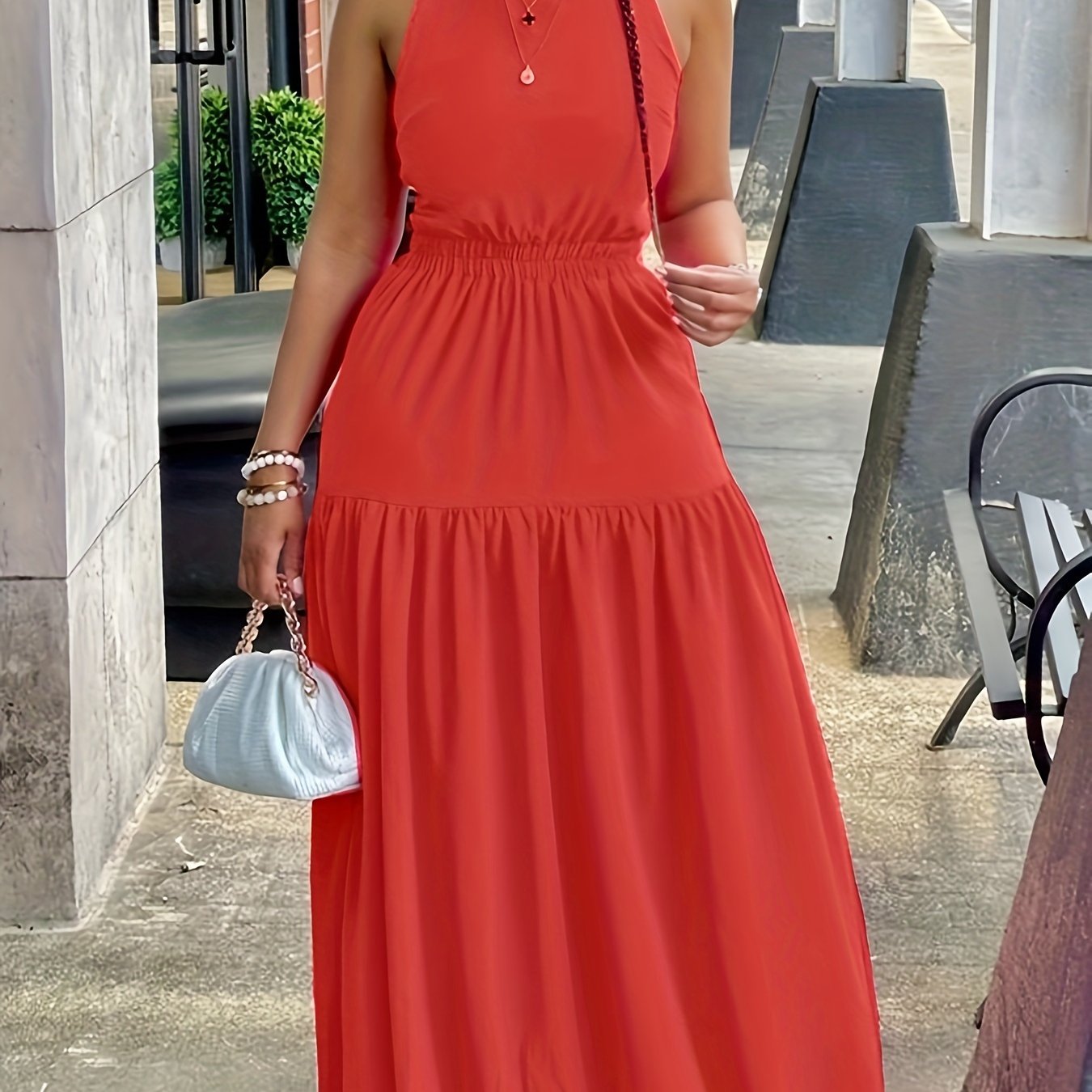 Solid Cinched Waist Backless Halter Dress, Elegant Tie Back Sleeveless Maxi Dress, Women's Clothing