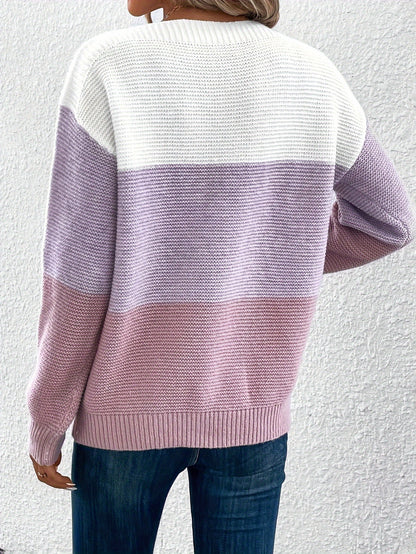 Stripe Color Block Elegant Long Sleeve Drop Shoulder Sweater - Soft Medium Stretch Recycle Polyester Fabric, Casual Off the Shoulder Style, Hand Wash or Dry Clean, Perfect for Fall & Winter - Womens Clothing