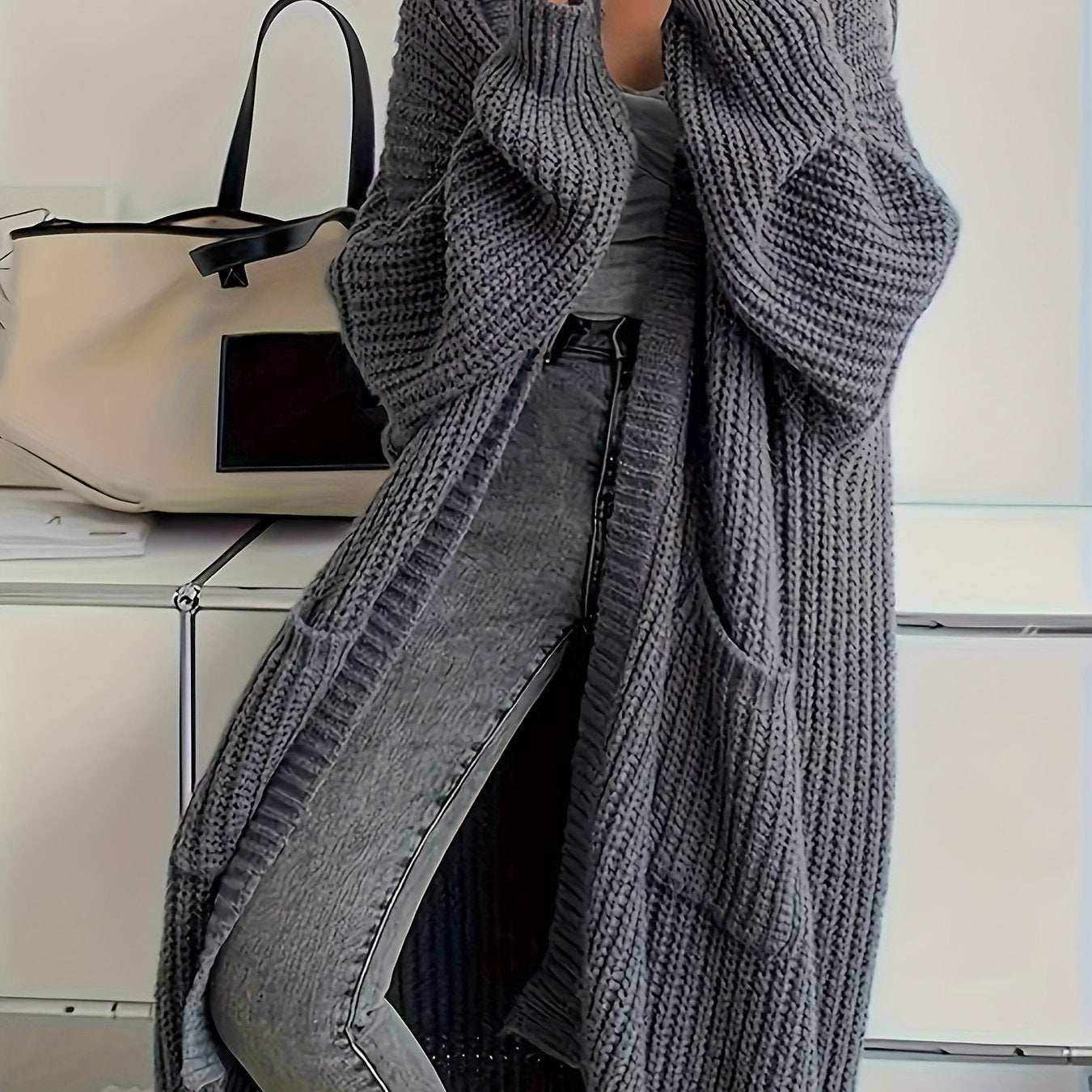 Elegant Open Front Solid Cardigan, Long Sleeve Midi Cardigan For Fall & Winter, Women's Clothing