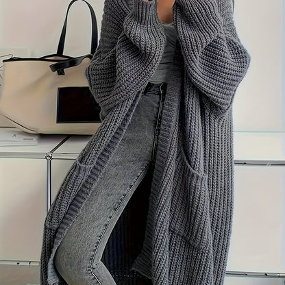 Elegant Open Front Solid Cardigan, Long Sleeve Midi Cardigan For Fall & Winter, Women's Clothing