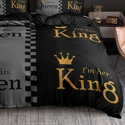 3pcs Duvet Cover Set (1*Duvet Cover + 2*Pillowcase, Without Core), Fashion Queen And King Crown Print Bedding Set, Soft Comfortable And Breathable Duvet Cover, For Bedroom, Guest Room