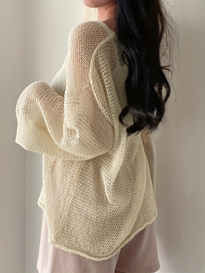 Cozy Solid Knitted Pullover Top - Soft Crew Neck, Long Sleeve, Casual Crochet Coverup, Relaxed Fit, Women's Everyday Wear, Perfect for Fall and Winter