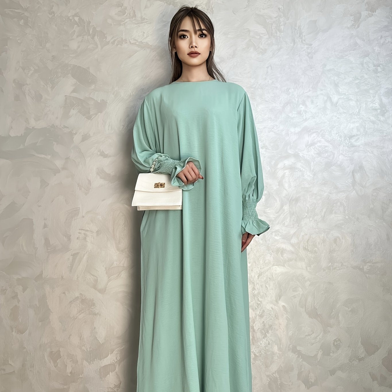 Luxurious Shirred Trim Lantern Sleeve Maxi Dress - Elegant Solid Color, Simple Loose Fit, Modest Chic, Women's Clothing for All Seasons