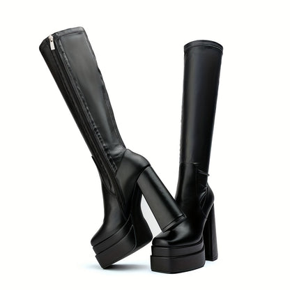 Women's Platform Knee High Boots, Solid Color Block Heel Square Toe Side Zipper Boots, Fashion Black Faux   Stylish Boots