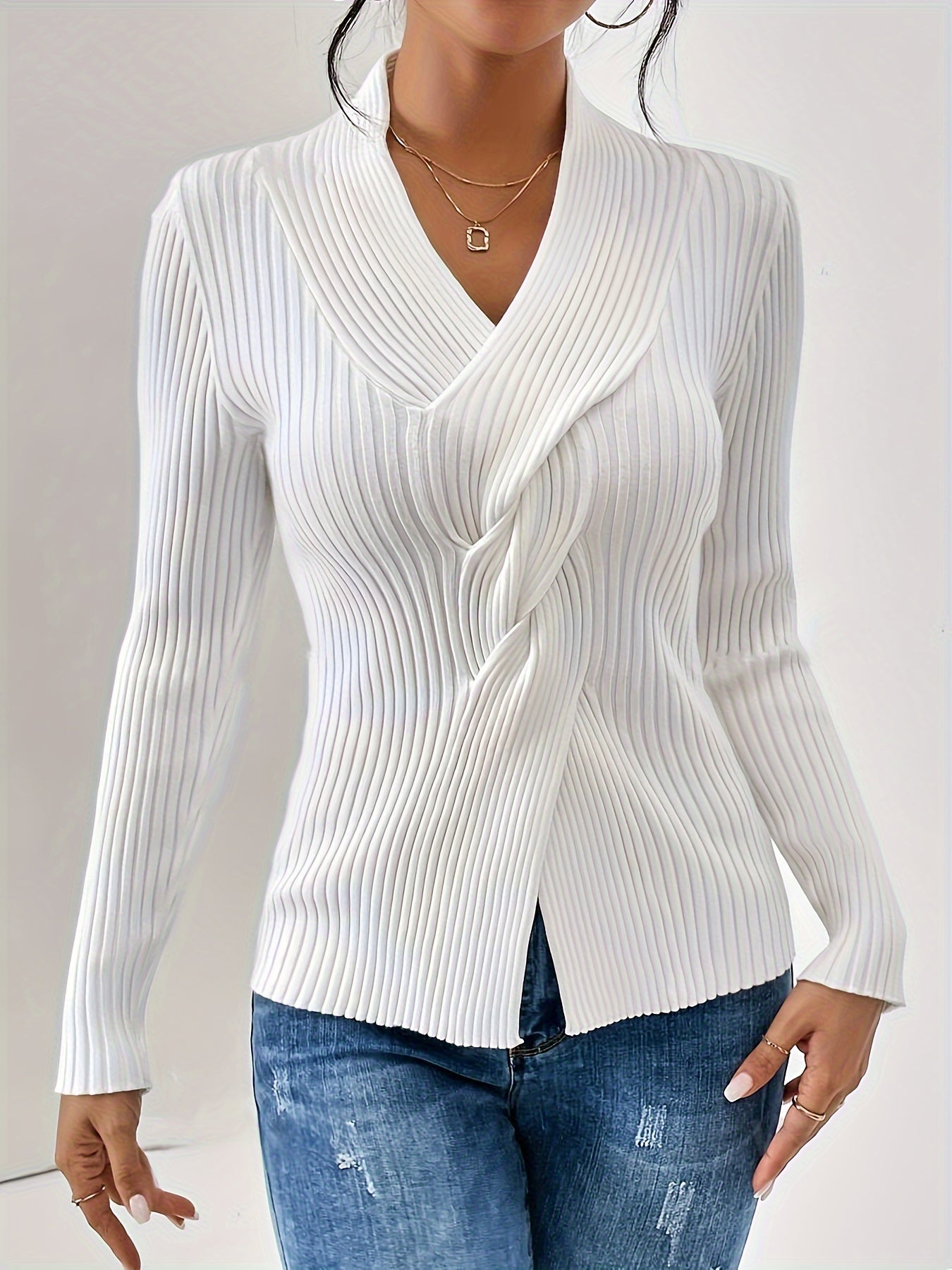 Twist V Neck Ribbed Sweater - Soft, Elegant, Slim Fit, Long Sleeve, Fall and Winter Essential - Women's Clothing for Everyday Wear