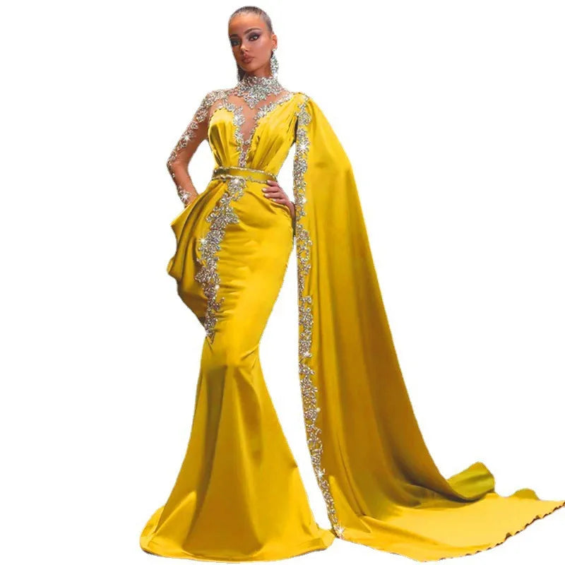 Casual Dresses Gold Party High Neck Beaded Rhinestones Mermaid Prom Gown Cape Long Sleeves Satin Arabic Dubai Yellow size s m l xl 2xl