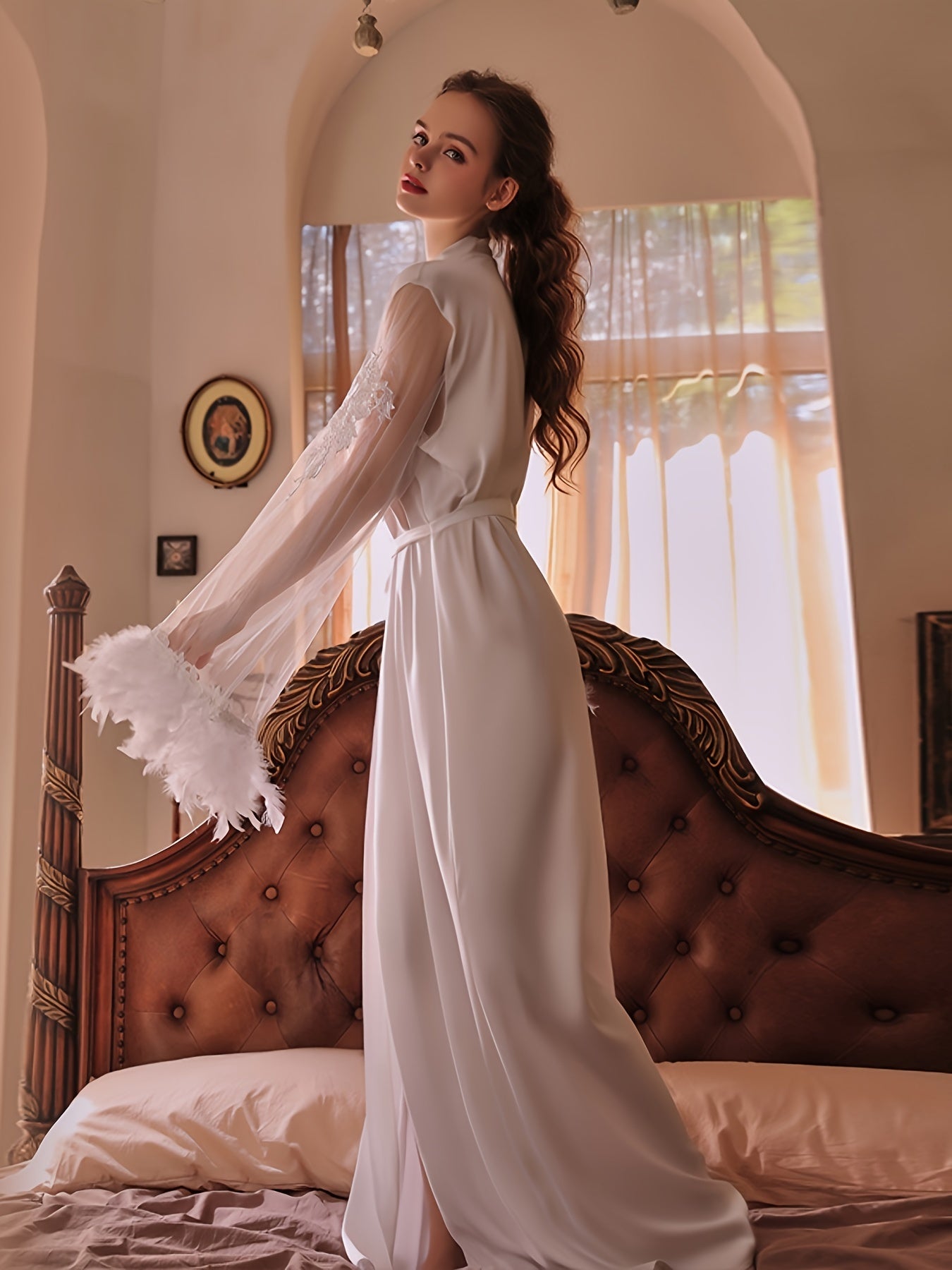 Elegant Solid Stitching Mesh Feather Decor Night Robe, Long Sleeve V Neck Robe With Belt, Women's Sleepwear & Dresses