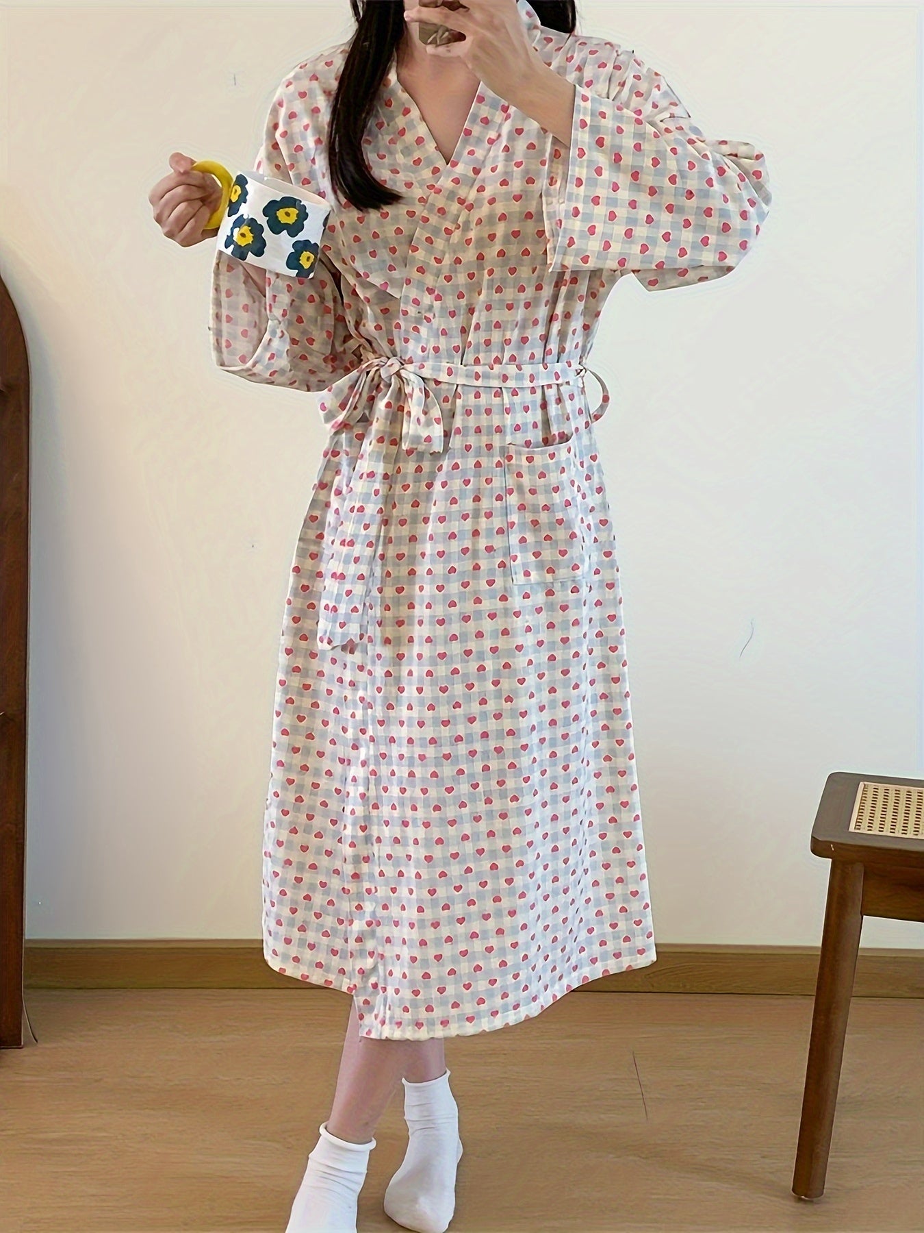 Elegant Heart Plaid Pattern Lounge Robe For Fall & Winter, Long Sleeve V Neck Robe With Belt, Women's Loungewear & Dresses