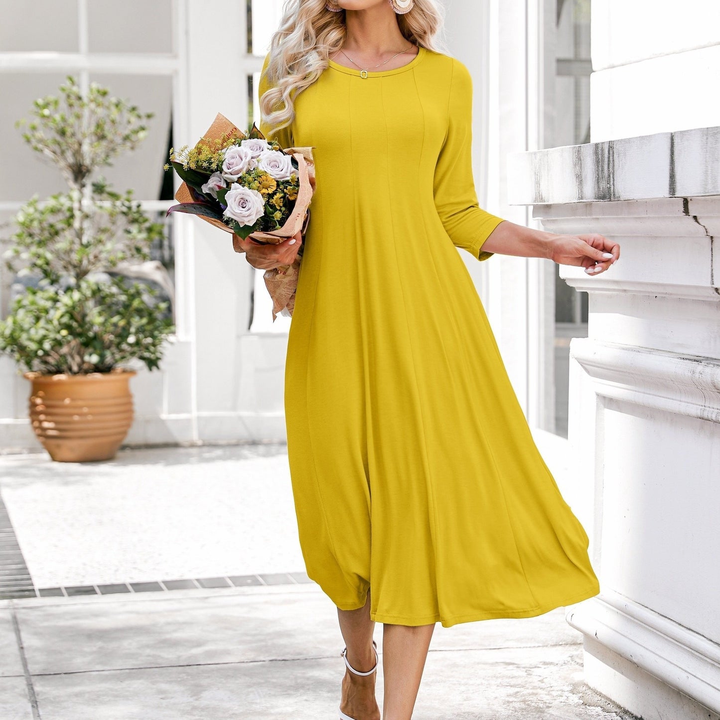 Vibrant Solid Color Crew Neck Midi Dress - Comfortable 3/4 Sleeve Loose Fit, Flattering A-Line Silhouette, Perfect for Spring & Summer, Women's Casual Clothing, Easy to Wear and Move Around