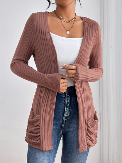 Solid Open Front Rib Knit Cardigan, Casual Long Sleeve Slim Cardigan With Pocket, Women's Clothing