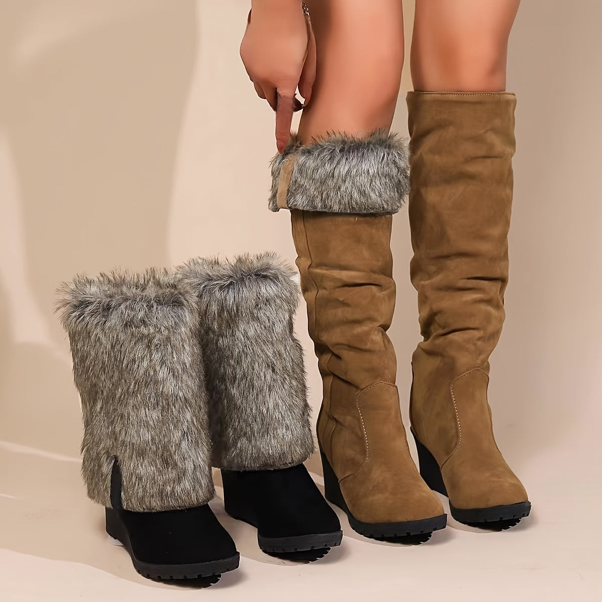 Stylish Winter Comfort: Women's Thermal Knee-High Suedette Boots with Faux Fur, Comfy Platform Heel & Easy Slip-On