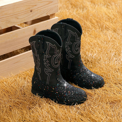 Girls Trendy Cool Cowgirl Boots, Cute Shiny Sequin Dress Boots For Party Holiday Performance