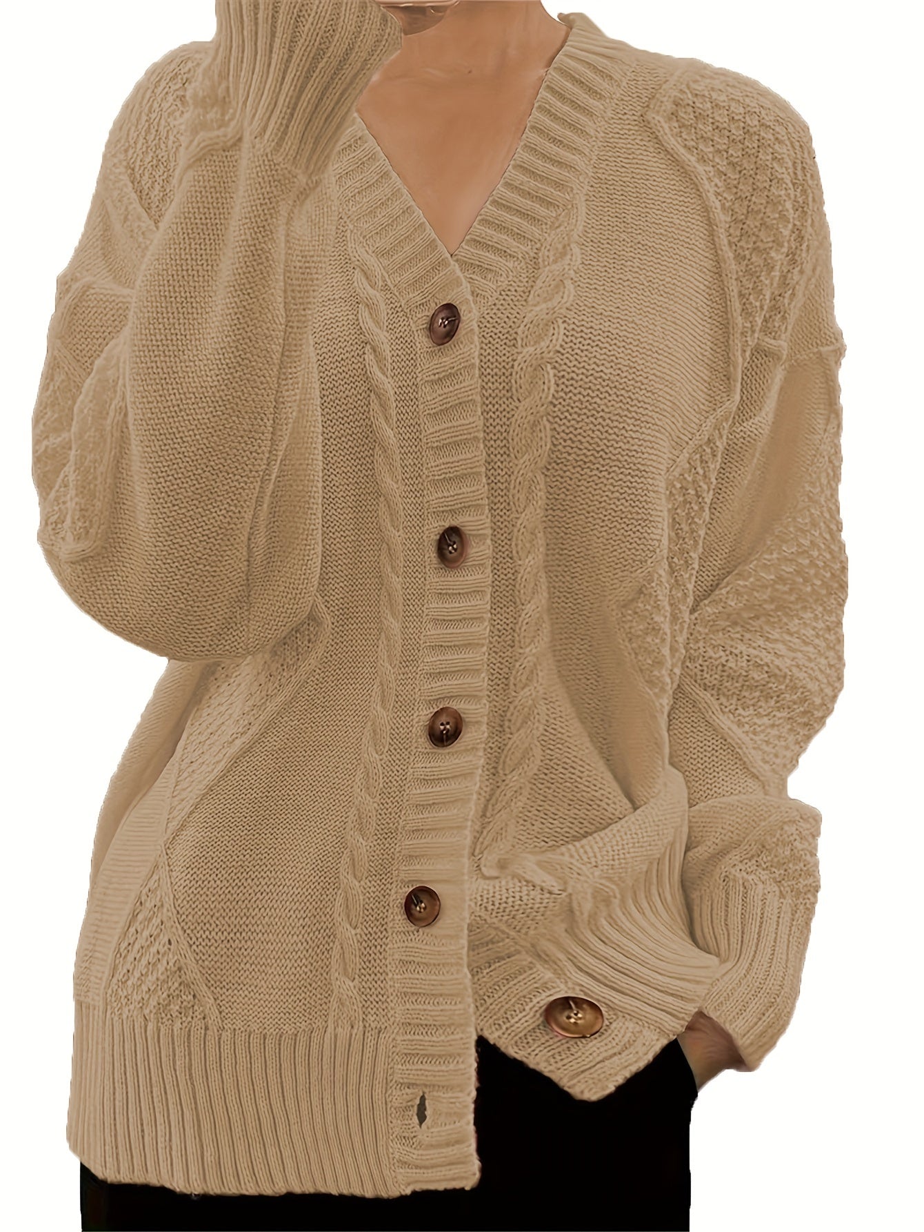 Cozy Solid Color Knitted Cardigan - Button Front, V Neck, Long Sleeve, Micro Elasticity, Elegant Style - Perfect for Fall and Winter, Hand Wash or Dry Clean, Womens Casual Clothing