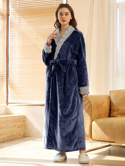 Casual Solid Fleece Lounge Robe, Thickened Long Sleeve Lapel Collar Robe With Belt, Women's Loungewear