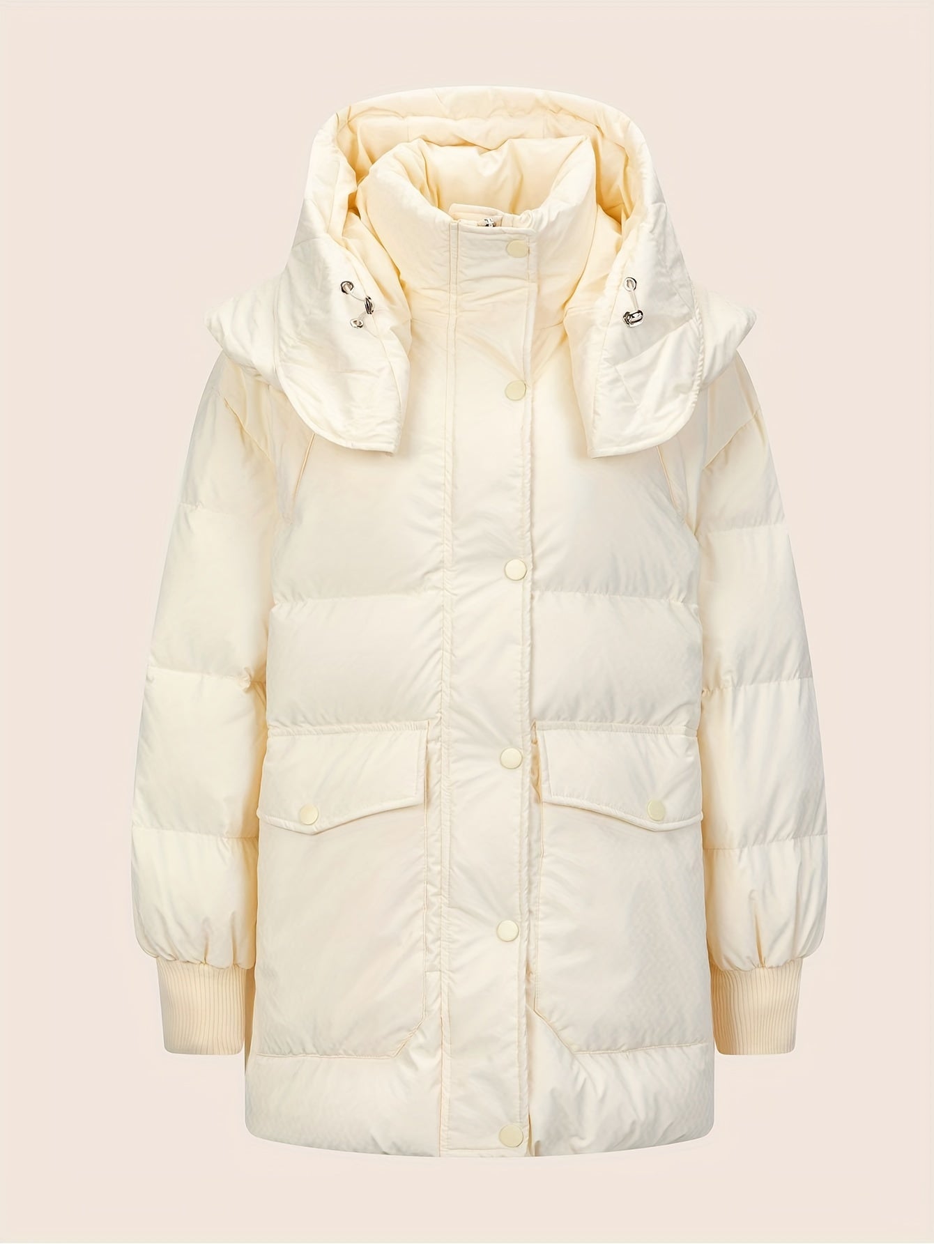 Solid Color Casual Puffer Jacket For Women, Warm Outdoor Winter Sports Hooded Jacket, Women's Clothing