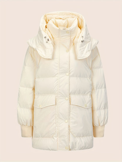 Solid Color Casual Puffer Jacket For Women, Warm Outdoor Winter Sports Hooded Jacket, Women's Clothing