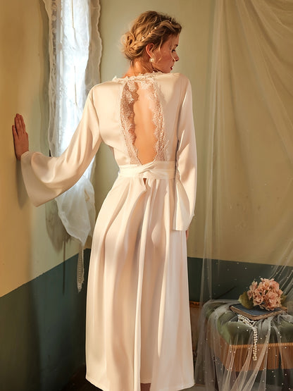 Women's Elegant Solid Satin Lace Trim Night Robe, Long Sleeve V Neck Longline Robe With Belt, Comfortable Nightgown for fall/ winter