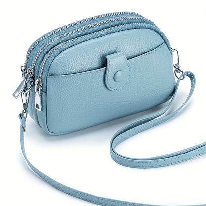 Small Genuine Leather Crossbody Bag for Women - Triple Top Zipper, Adjustable Strap, Polyester Lining, Solid Color, Edge Painted, Stylish and Practical Accessory