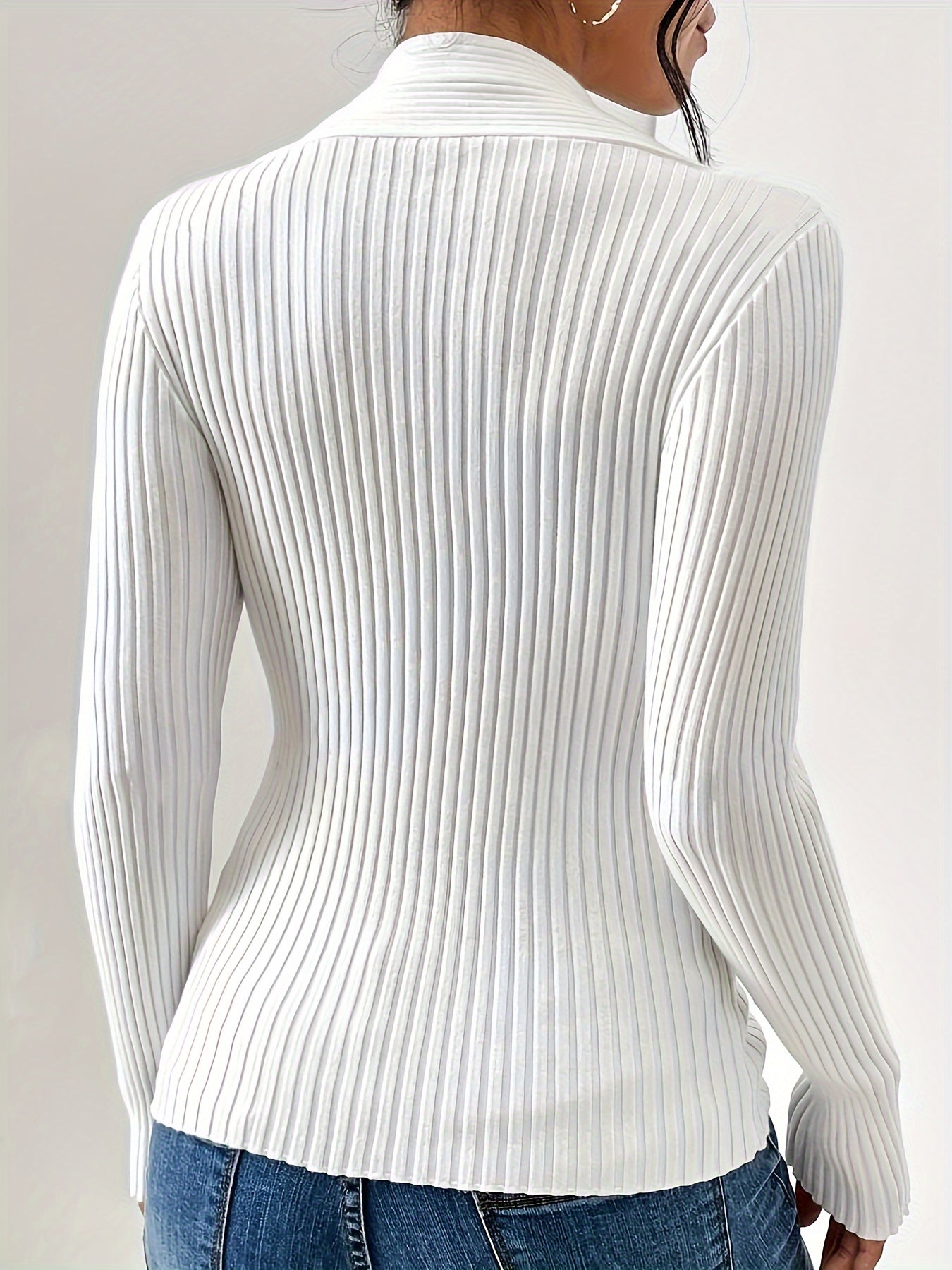 Twist V Neck Ribbed Sweater - Soft, Elegant, Slim Fit, Long Sleeve, Fall and Winter Essential - Women's Clothing for Everyday Wear