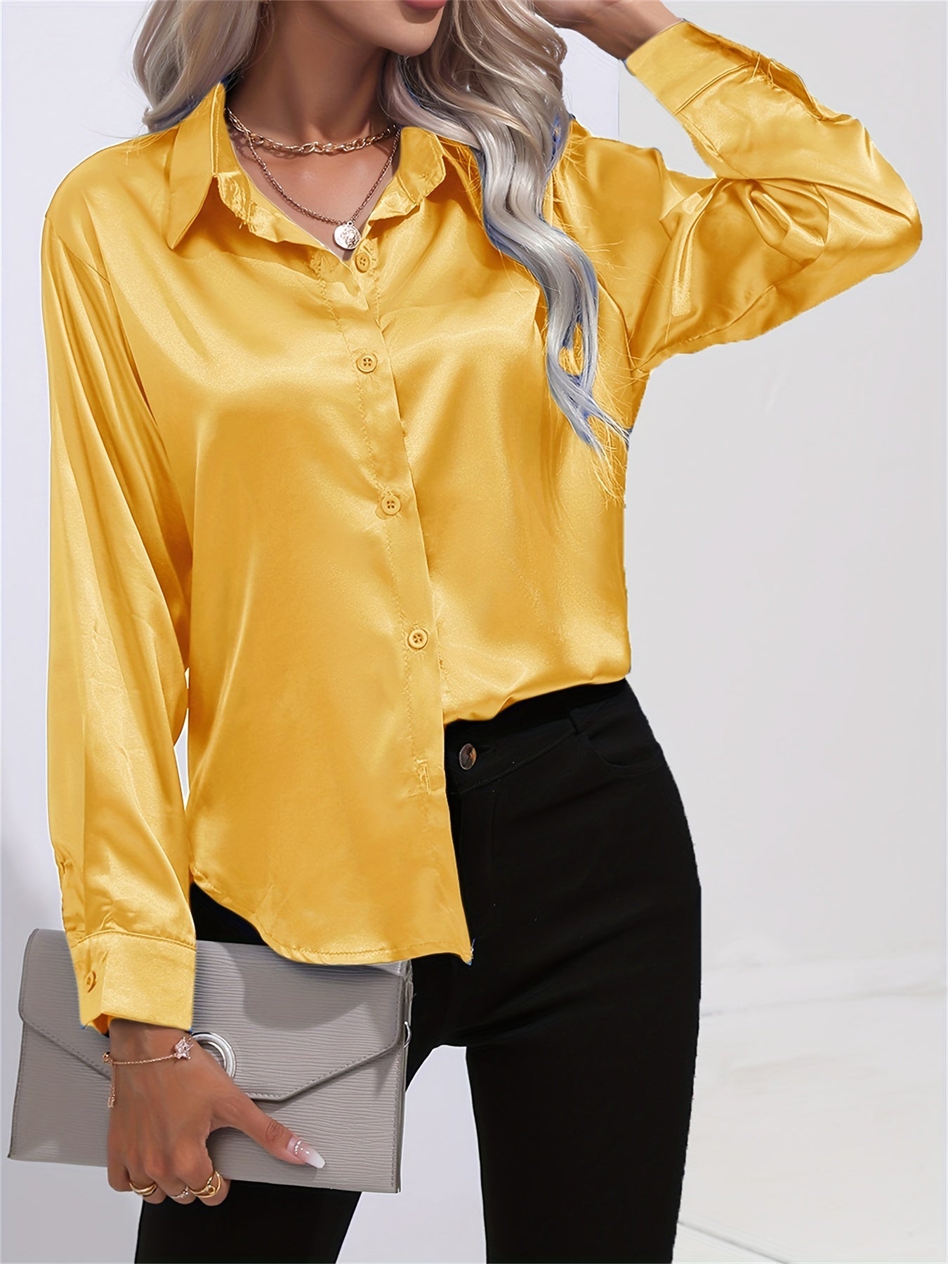 Effortlessly Chic Women's Casual Shirt: Long Sleeve, Solid Color, Lapel Collar, Dipped Hem, Micro-Elastic Fabric