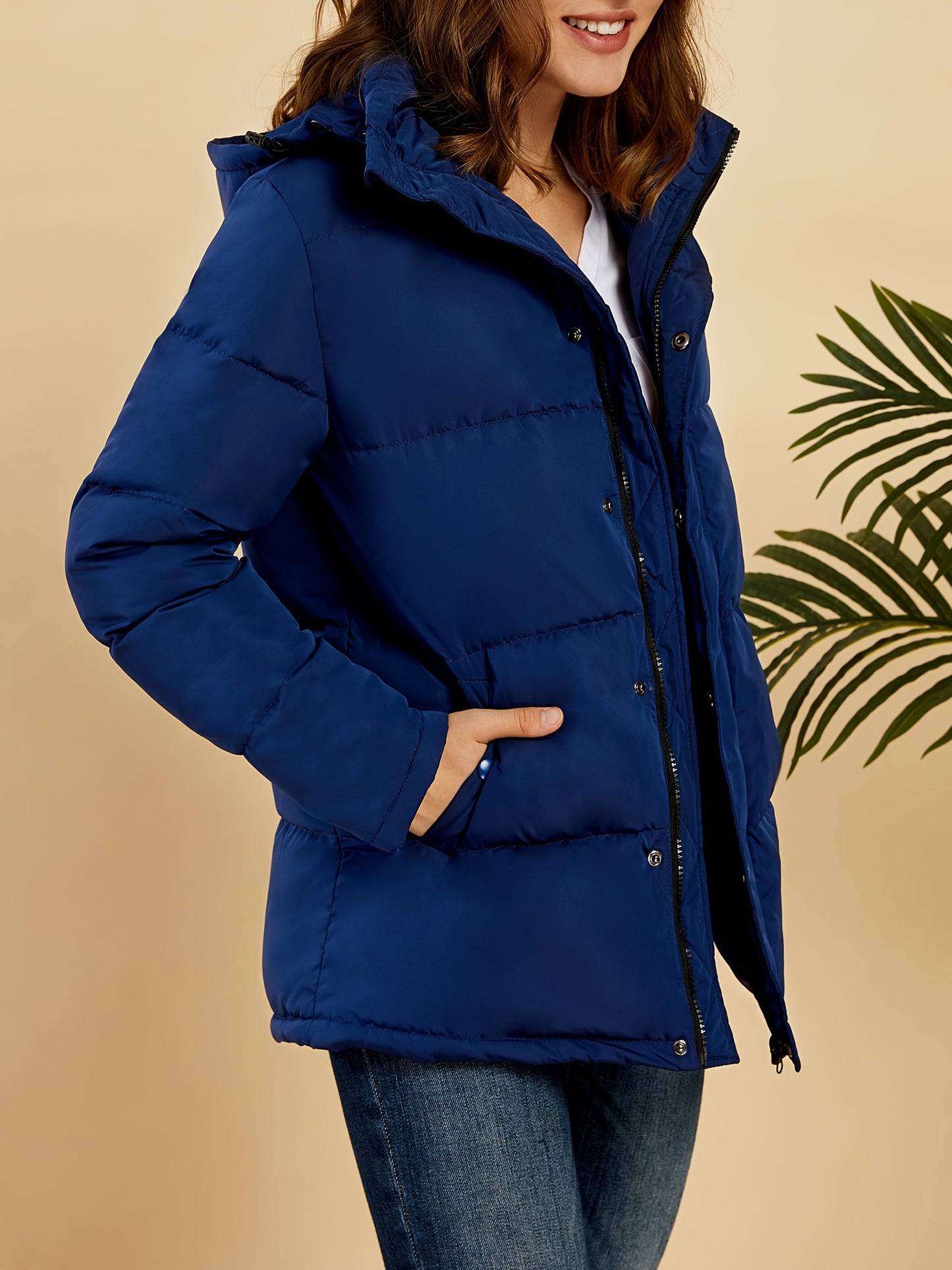 Womens Chic Hooded Button-Front Coat - Solid Color, Long Sleeve Winter Warmth - Durable Outerwear for Casual Style