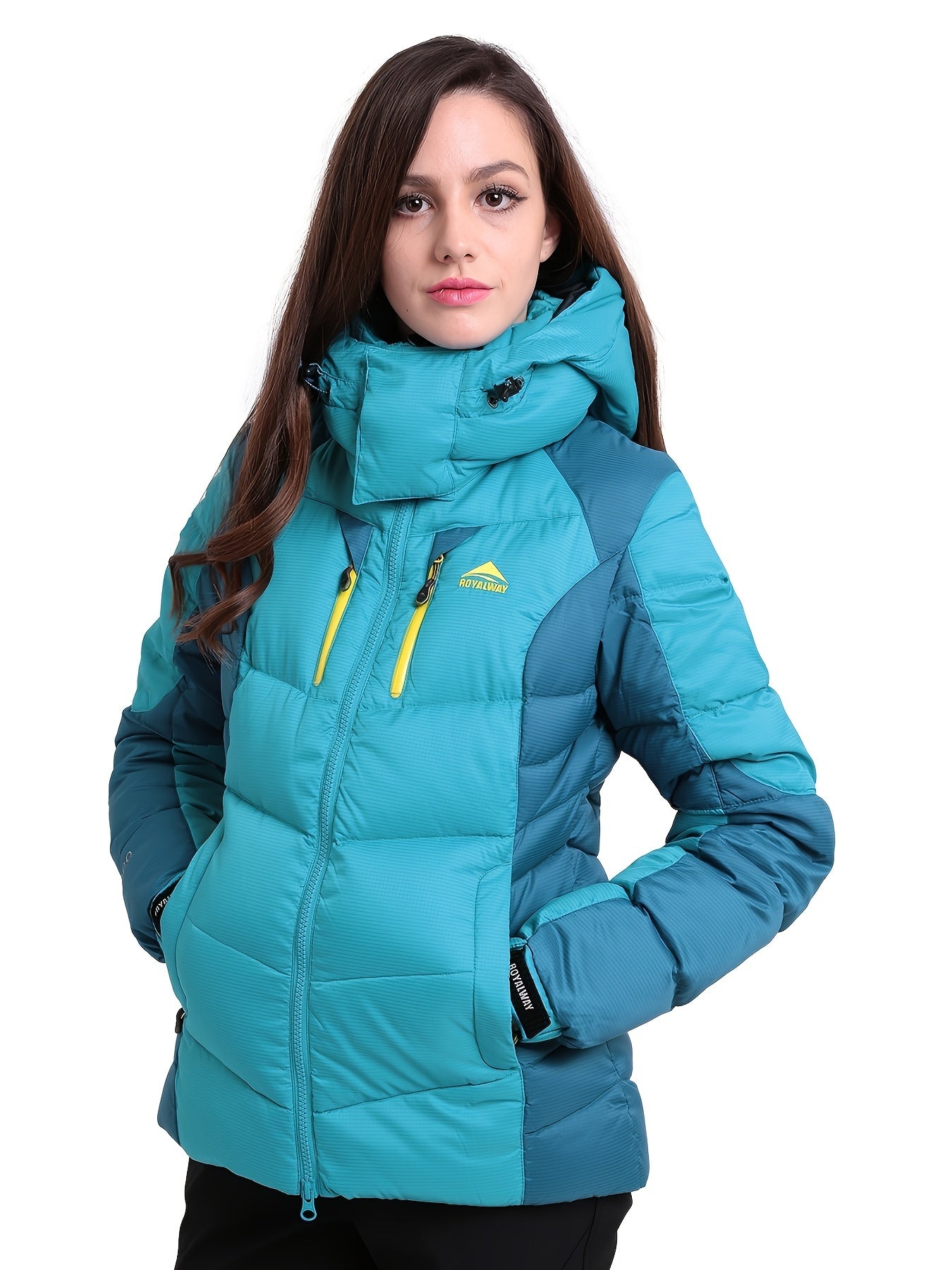 Women's Color Block Winter Thermal Down Jacket, Windproof & Waterproof Liner Comfortable Hooded Jacket