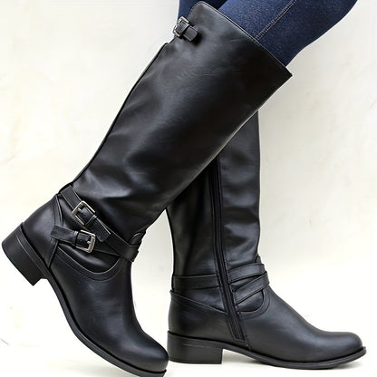 Stylish Women's Knee High Boots - Cross Buckle Strap, Round Toe, Long, Solid Color, Zipper Closure, Comfortable, Versatile, Perfect for Daily Wear and Outings