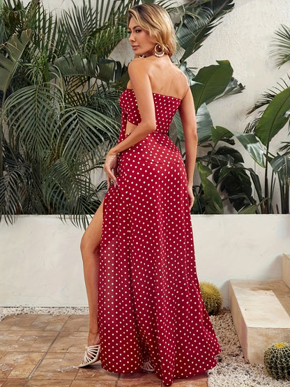 Flirty Polka-dot Crop Top & Maxi Skirt Set - Romantic Sweetheart Knot Detail, A-line Split Hem, Perfect Vacation Outfit for Women