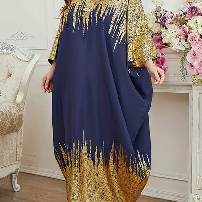 Elegant Batwing Sleeve Kaftan - Color Block Design, Flowy Maxi Dress for Women, Perfect for Ramadan