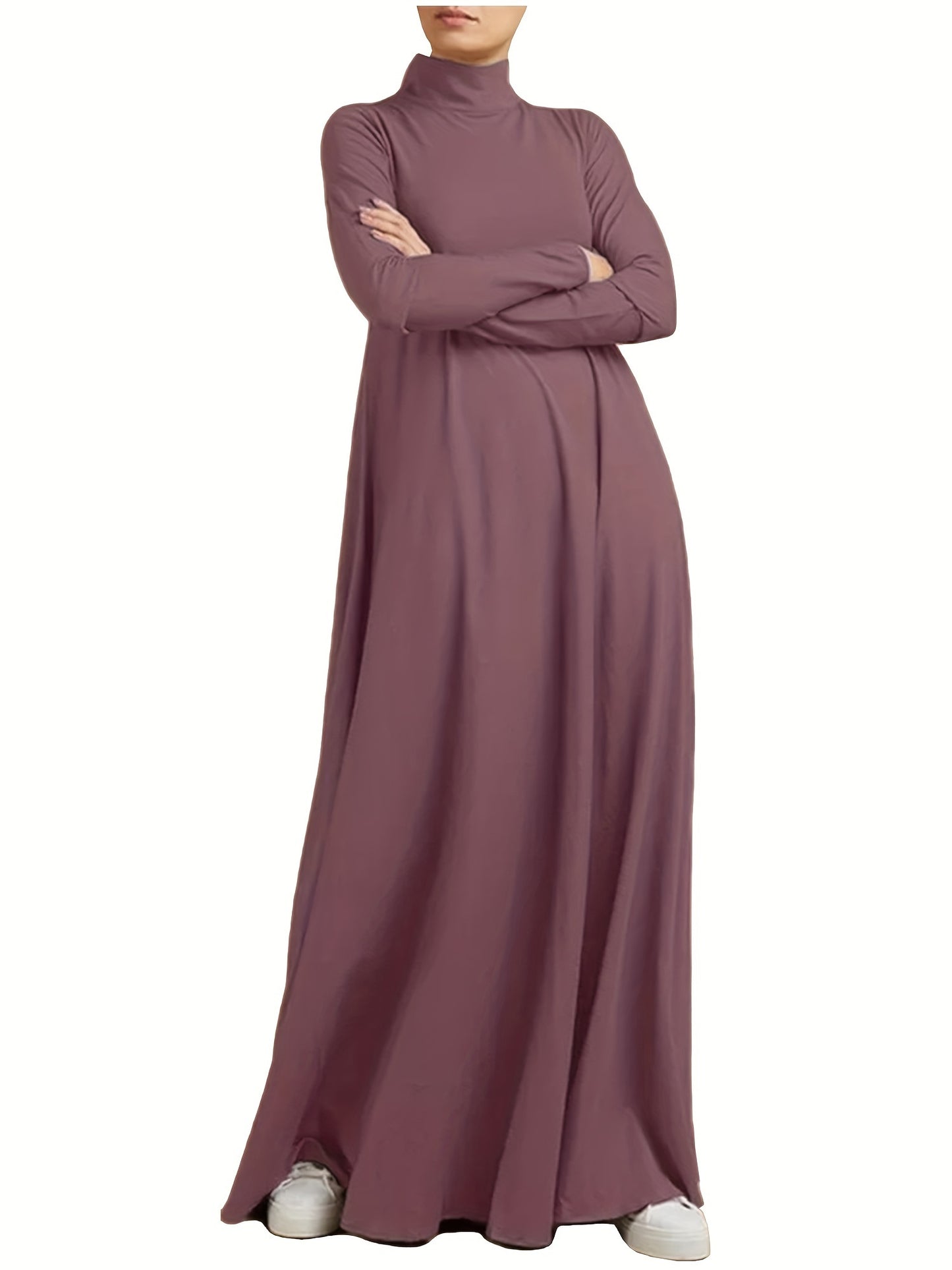 Ramadan Elegant Long Sleeve Solid Color Maxi Kaftan Dress - Comfortable Micro Elastic Polyester Fabric, Casual Turtle Neck Design, Two Pockets, Regular Fit, Middle East Style - Perfect for All Seasons, Womens Clothing