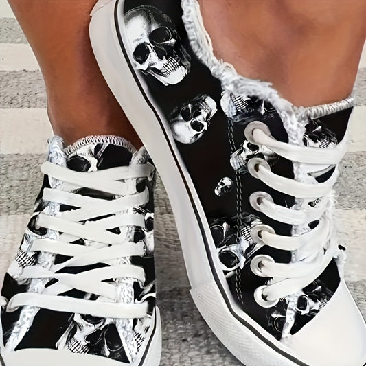 Spooky Chic Skull Print Canvas Shoes for Women - Lightweight, Breathable, Low-Top Sneakers with Casual Lace-Up Design, Perfect for Outdoor Activities and Halloween Parties - Comfortable, Versatile, and Easy to Slip On