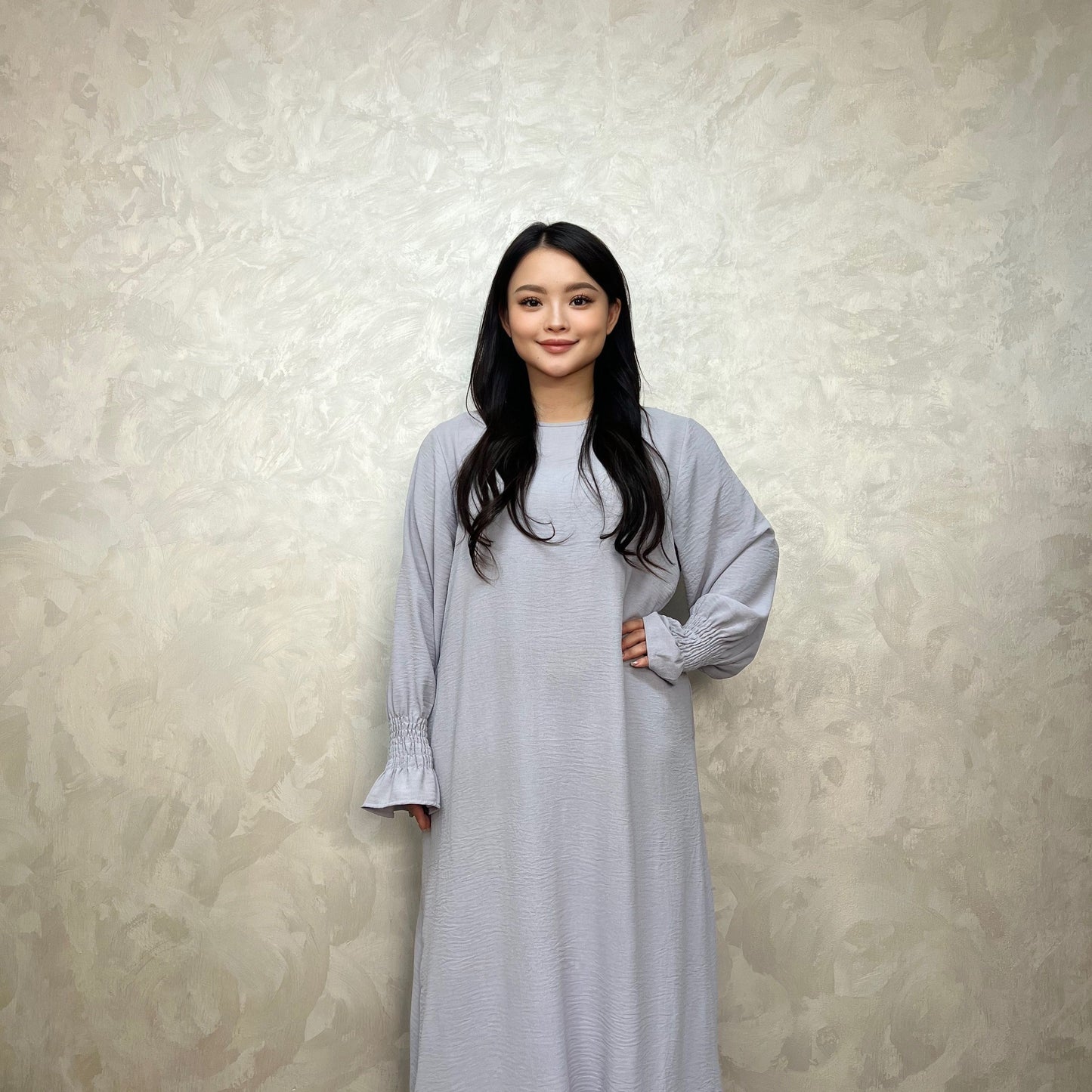 Luxurious Shirred Trim Lantern Sleeve Maxi Dress - Elegant Solid Color, Simple Loose Fit, Modest Chic, Women's Clothing for All Seasons