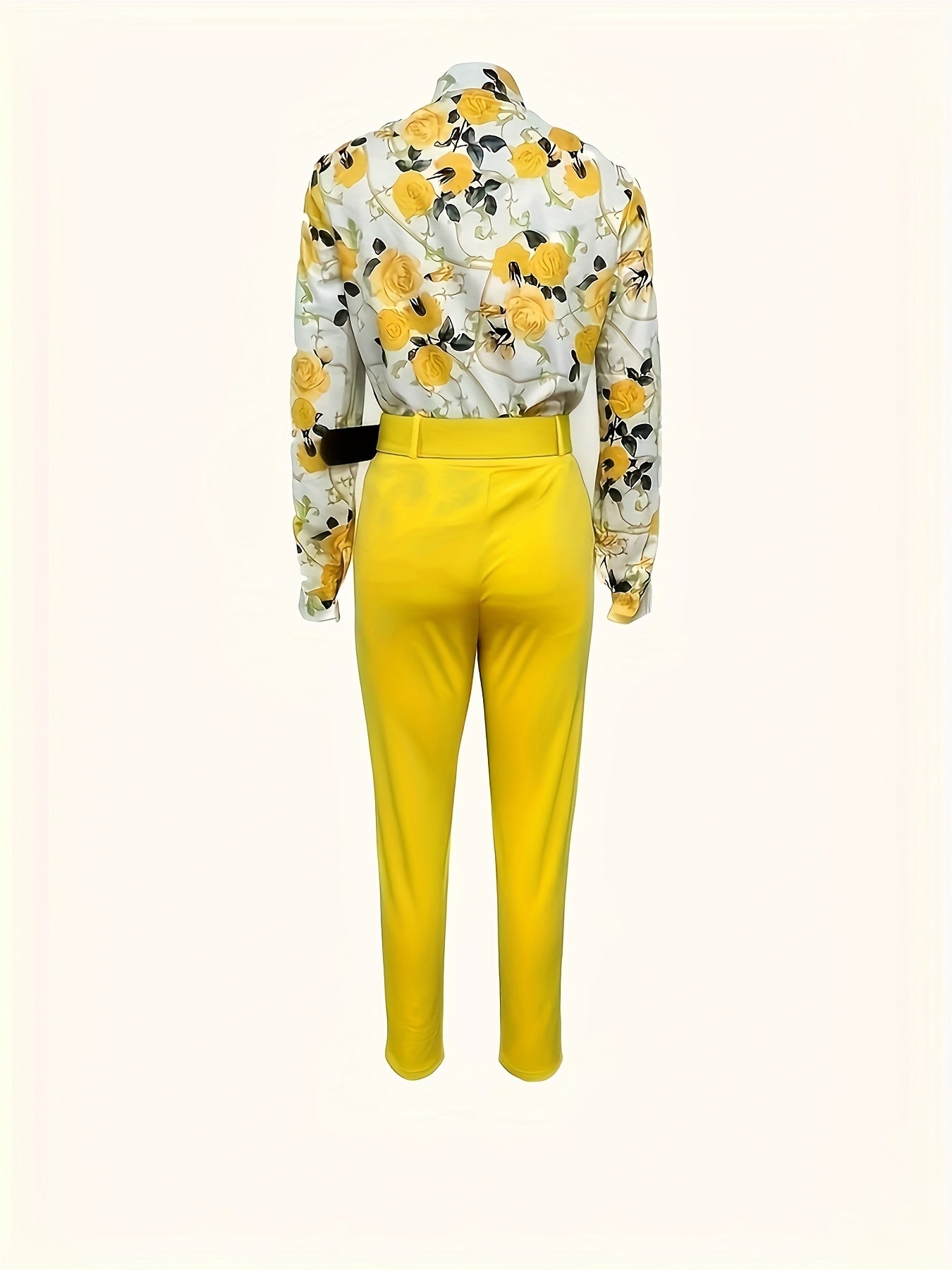 Stunning Two-Piece Floral Outfit - V Neck Long Sleeve Blouse with Ruffled Hem and Solid Belted Tapered Pants for Women - Elegant, Comfortable, and Versatile Clothing for Daily Wear