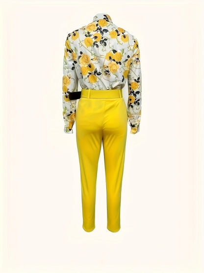 Stunning Two-Piece Floral Outfit - V Neck Long Sleeve Blouse with Ruffled Hem and Solid Belted Tapered Pants for Women - Elegant, Comfortable, and Versatile Clothing for Daily Wear