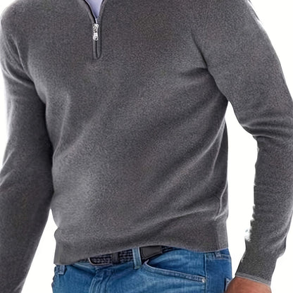 High Stretch Mens Long Sleeve Solid Color Knitted Collared Sweater with Zipper - Soft, Breathable, and Comfortable for Spring and Fall - Old Money Style, Casual Wear