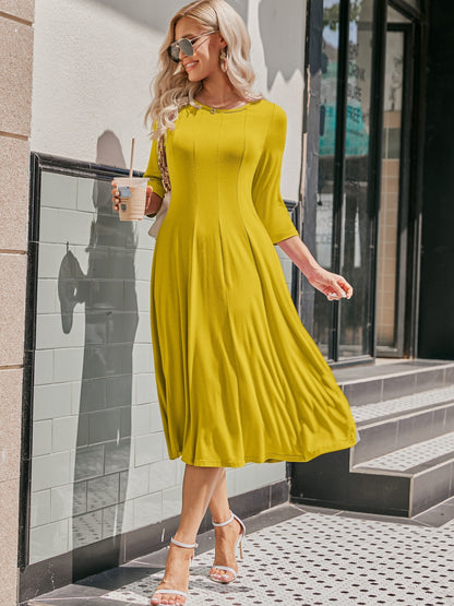 Vibrant Solid Color Crew Neck Midi Dress - Comfortable 3/4 Sleeve Loose Fit, Flattering A-Line Silhouette, Perfect for Spring & Summer, Women's Casual Clothing, Easy to Wear and Move Around