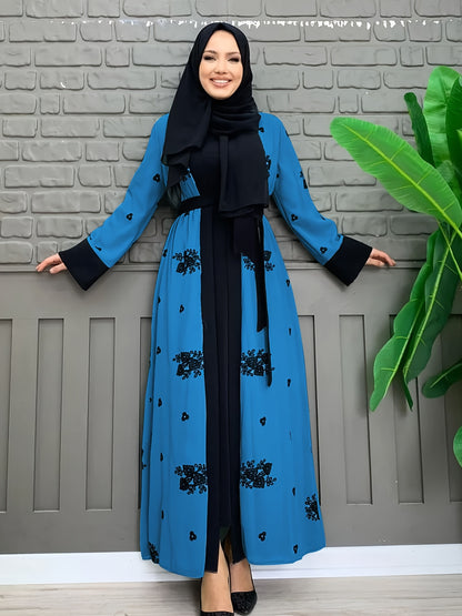 Ramadan Floral Charm - Crew Neck Long Sleeve Kaftan Abaya Dress with Belted Waist - A Stylish Casual Choice for Women, Hijab-Free