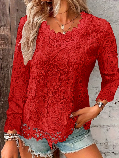 Elegant Floral Lace Crew Neck Blouse - Semi-Sheer Stretch Top for Spring/Fall, Women's Long Sleeve Feminine Top with Contrast Collar