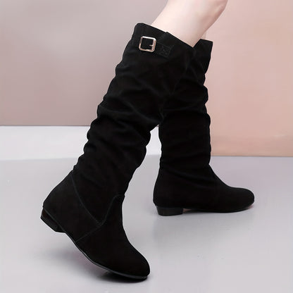 Chic Womens Slouch Knee High Boots with Buckle Accent - Height Enhancing, Versatile for Riding & Style - Timeless Long Boots