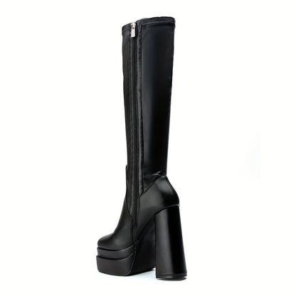 Women's Platform Knee High Boots, Solid Color Block Heel Square Toe Side Zipper Boots, Fashion Black Faux   Stylish Boots